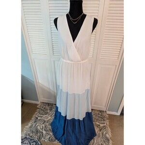 Flying Tomato Maxi Dress Womens L Blue White Boho Tier Color Block Crossover NEW